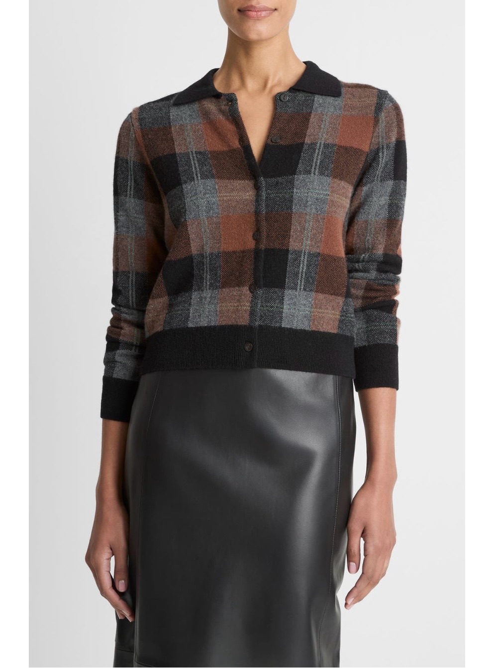 Vince Cashmere Check Plaid Cardigan In Cacao / Heather Pewter / Black Size M